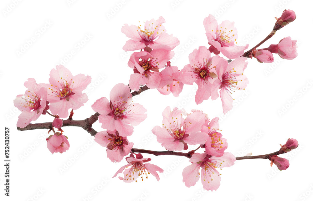 Pink cherry blossoms on branch on transparent background - stock png.