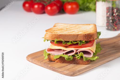 Close-up of two sandwiches with bacon  salami  prosciutto and fresh vegetables on rustic wooden cutting board. Club sandwich concept