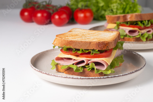 Close-up of two sandwiches with bacon, salami, prosciutto and fresh vegetables on rustic wooden cutting board. Club sandwich concept