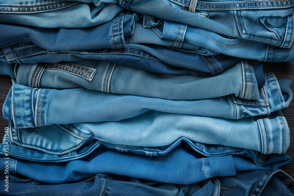 Denim Diversity Top View of Stack of Crumpled Blue Jeans, Varied Denim Background
