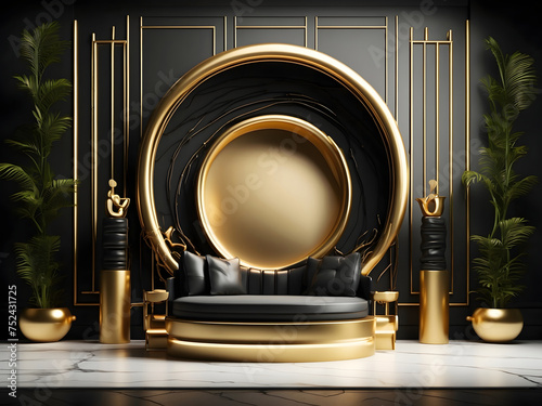 This mock-up featuring a black wall design, gold details, and columns provides a lavish background design for upscale designs