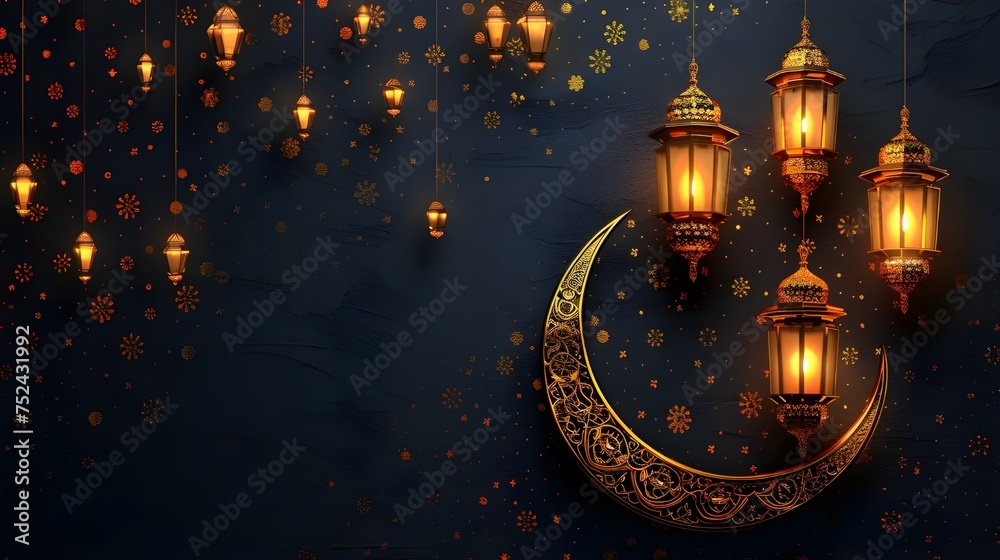 Obraz premium ramadan islamic greeting card of crescent moon decoration and lanterns with copy space area banner