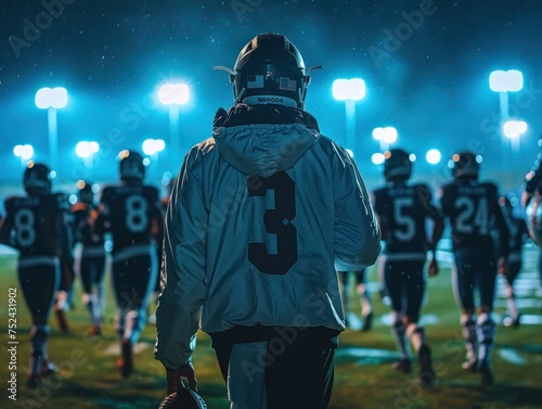 Coach Leading a Team to Victory Under Floodlights: American Football Players Determined to Succeed on the Field, Showcasing Athleticism © Wuttichai