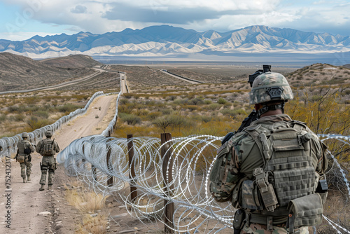Border Security Vigilance Military and Border Guards Patrolling with Weapons Along Texas-Mexico Border, Fortifying against Illegal Immigration Crisis