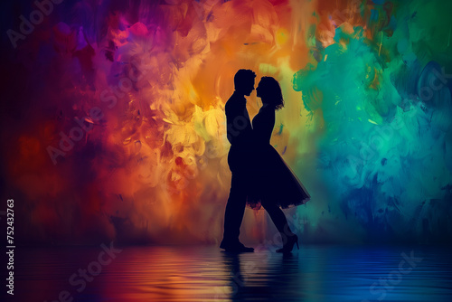 Dramatic Silhouette Young Couple Dancing in Side View Against Vibrant Colored Background