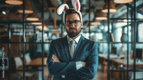 A man in a suit stands confidently with bunny ears on his head against an office background.