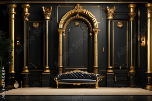 This mock-up featuring a black wall design  gold details  and columns provides a lavish background design for upscale designs