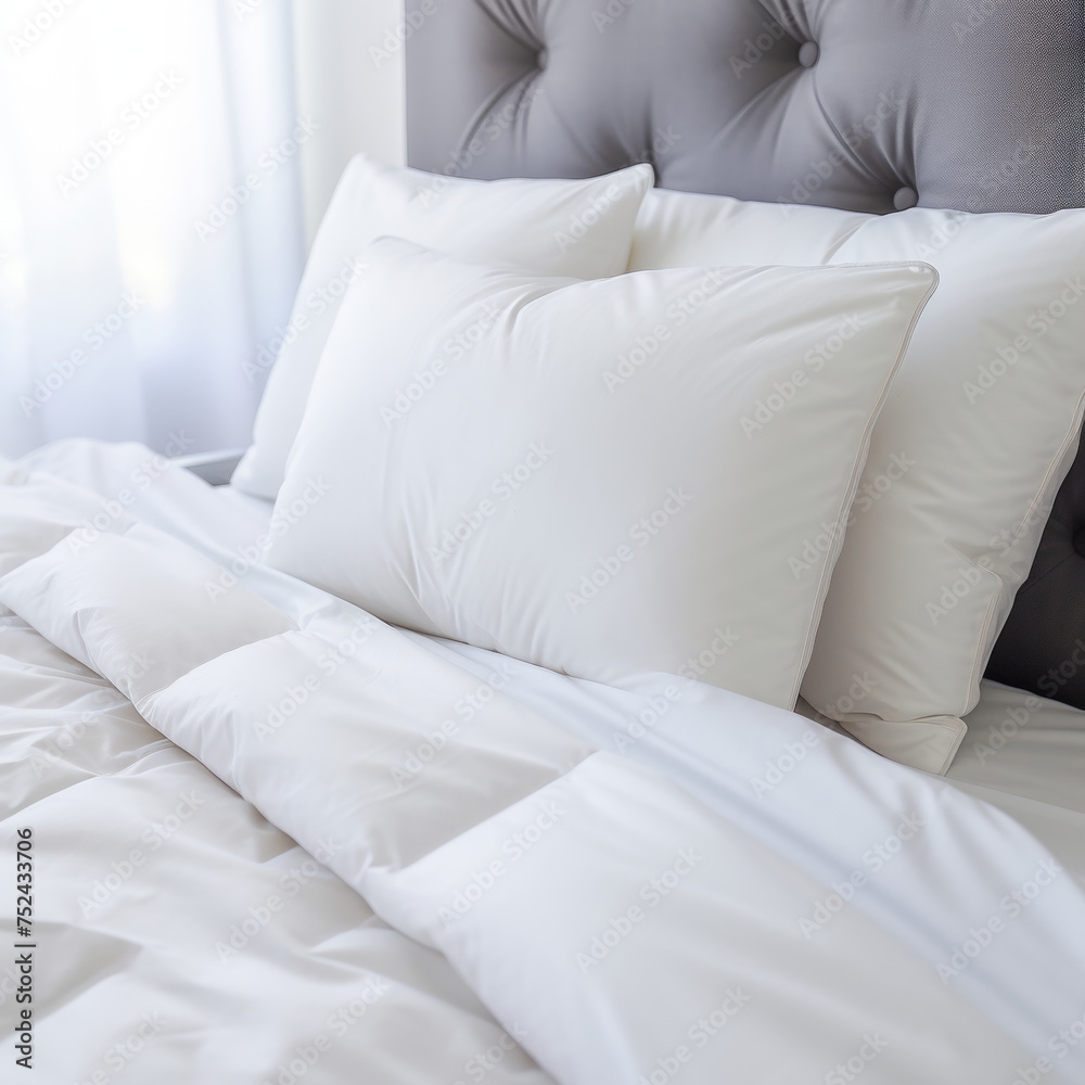 A close-up image of a cozy bed setup featuring soft white pillows and sheets in a well-lit bedroom, exuding comfort and tranquility. A close-up image of a cozy bed setup featuring soft white pillows and sheets in a well-lit bedroom, exuding comfort and tranquility.