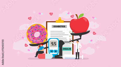 Diabetes vector illustration. Flat tiny high sugar level in blood persons concept. Suitable For Wallpaper, Banner, Background, Card, Book Illustration, And Web Landing Page.