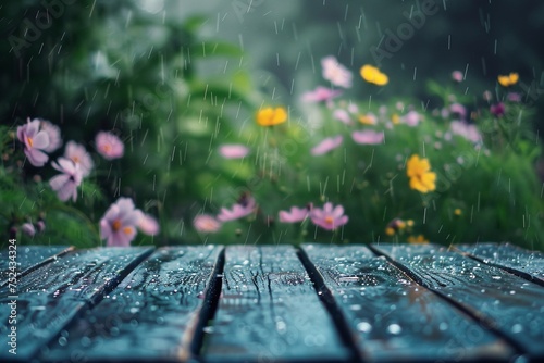 Tisch mit Blumen im Regen, made by AI