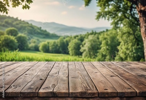 Empty wooden table against the countryside nature. Advertising background for organic product display
