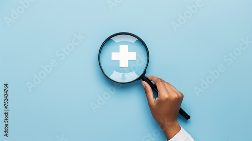 Hand Holding Magnifying Glass Over White Plus or Cross Icon on Blue Background. Concept for Focus on Medical Exploration, Positive Research or Business Benefits.