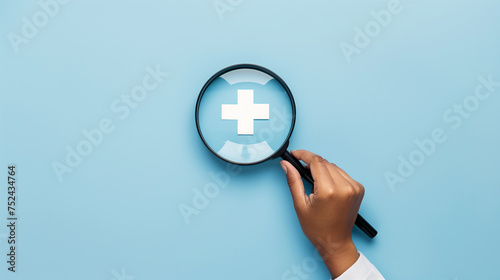 Hand Holding Magnifying Glass Over White Plus or Cross Icon on Blue Background. Concept for Focus on Medical Exploration, Positive Research or Business Benefits. photo