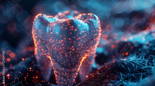 a blue tooth is glowing with blue light against a dark background, in the style of detailed anatomy, glass and ceramics, photo-realistic hyperbole. Generative AI