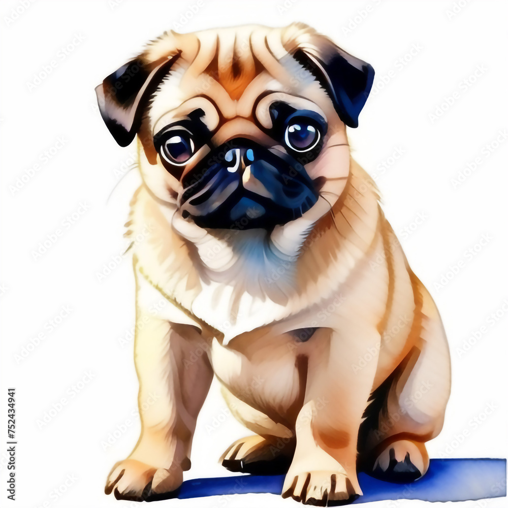 Wrinkled pug puppy sitting on a white background. AI generated.
