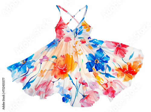 Summer dress with colorful floral print on transparent background - stock png.