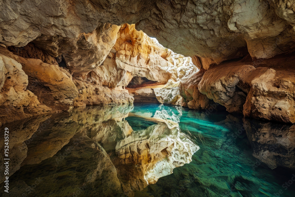 A Hidden Subterranean Paradise: A cavern with an underground water feature, creating an oasis in the depths.