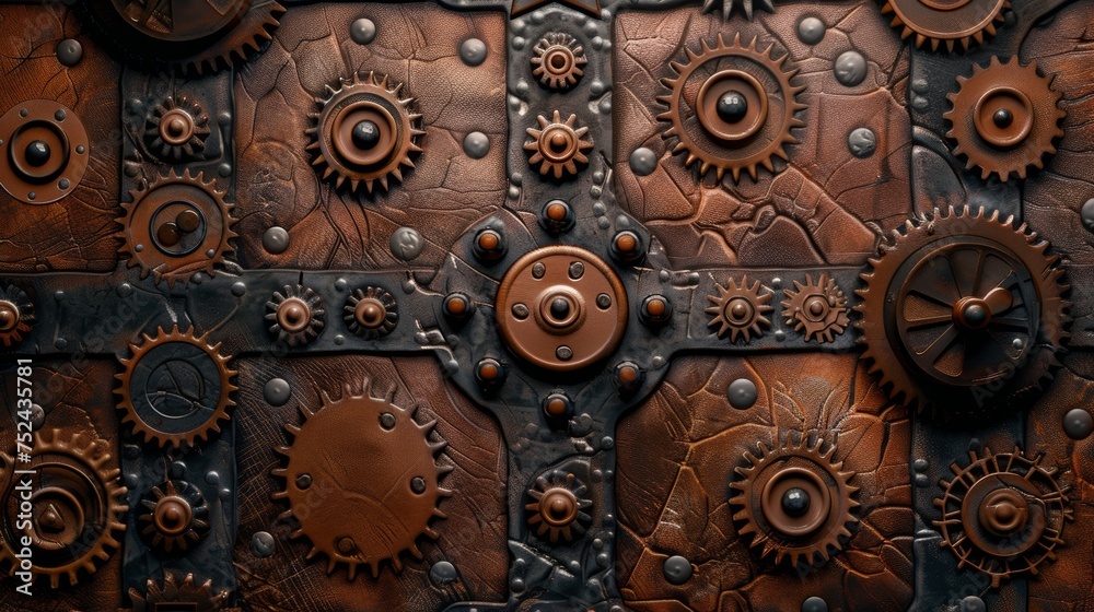 Background Texture Pattern in the Style of Steampunk Leatherwork - Leather textures with steampunk gears and mechanical motifs created with Generative AI Technology