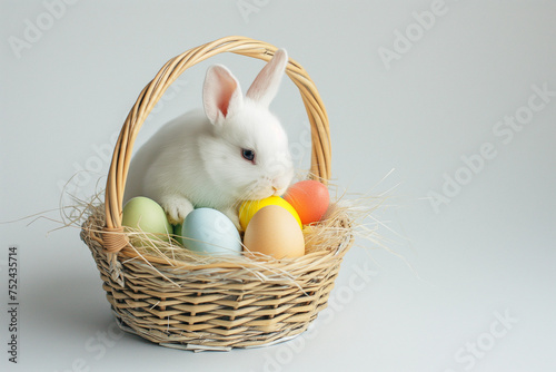 little white bunny in a basket with colorful eggs for easter on a white background in studio, easter card, generative AI © Paulina