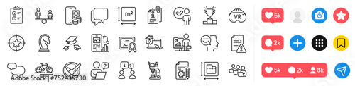 Checklist, Certificate and Teacher line icons pack. Social media icons. Online question, Interview, Vr web icon. Attached info, Talk bubble, Confirmed pictogram. Vector