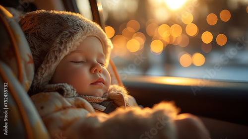 A baby, snug in a winter hat and jacket, sleeps peacefully in a car seat, while the city's lights twinkle softly in the background photo