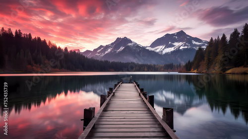 Capture the tranquil beauty of a serene lake surrounded by majestic mountains at sunrise © Firses