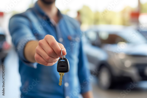 Man holding key in front of new car . Male customer on showroom background, purchasing auto © Elena