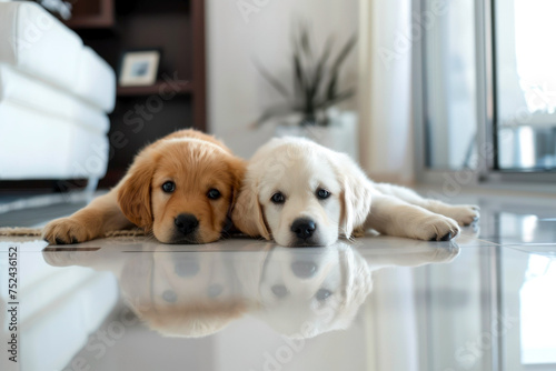 two Puppies white room lying on floor modern home