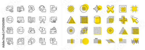 Payment card terminal, bankrupt and contactless pay set. Design shape elements. Credit card line icons. Bank atm exchange, cut credit card and CVV code line icons. Vector