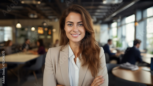 Businesswoman crossing her arms while standing in office. Successful business woman smiles and looks at camera. Businesswoman works as manager in blurred office