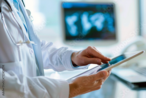 Male doctor using his digital tablet in the hospital