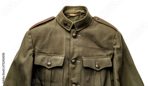 Military jacket with insignia on khaki fabric on transparent background - stock png.