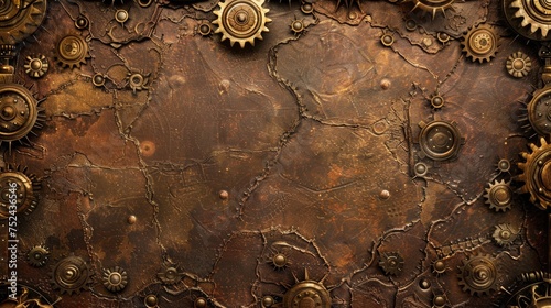 Background Texture Pattern in the Style of Steampunk Leatherwork - Leather textures with steampunk gears and mechanical motifs created with Generative AI Technology photo