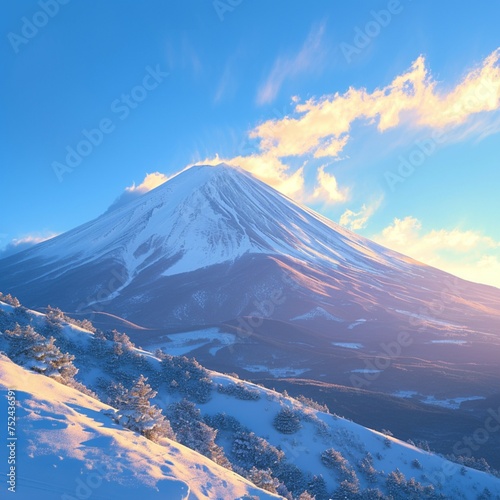 Snow kissed Fuji mountain summit stands out in breathtaking winter scenery For Social Media Post Size