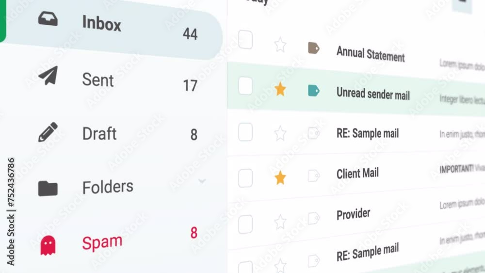 Email Interface 3D Animation with variable number counting of Inbox, Sent, Draft, Spam, and Trash items. Mail UI design motion video.