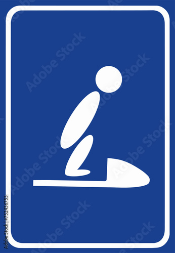 Blue square icon of a person using squat toilet icon, Vector Illustration