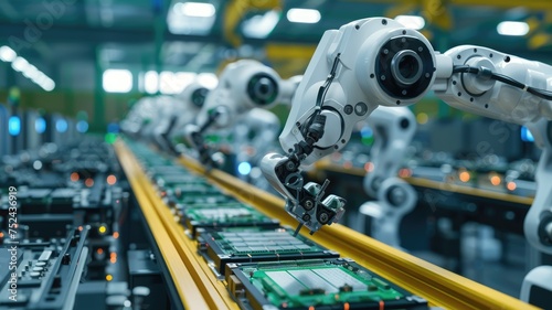Automated robotic arm assembling circuit boards - In this high-tech factory setting, robotic arms precisely assemble circuit boards in a production line
