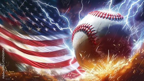 Baseball in motion with American flag background - Dynamic image of a baseball with motion blur effects against an American flag backdrop capturing the excitement of sports and patriotism photo