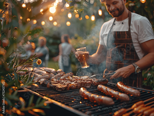 Barbecue party, guests with glasses in their hands stand around a chef who is grilling sausages and steaks