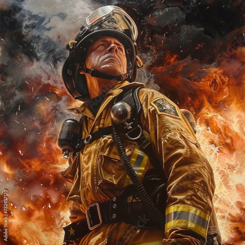 Firefighter confronting raging flames - A brave firefighter confronts raging flames, a pure display of valor and duty