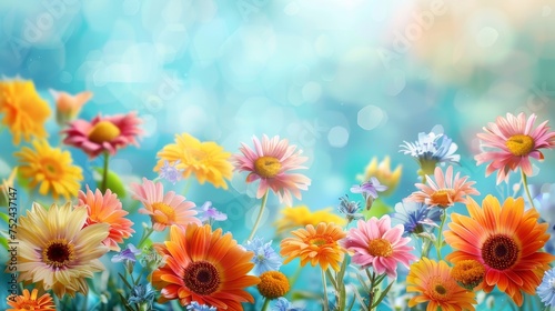 Vibrant spring flower meadow with blue sky and blurred background for text placement