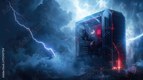 Gaming PC in a stormy environment - An illuminated gaming computer tower with the stormy atmosphere implying high-performance gameplay