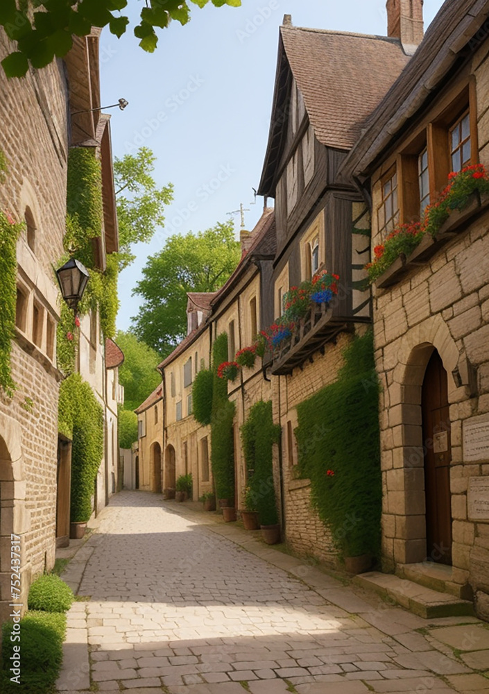 street in the old town, fantasy medieval street with stone homes