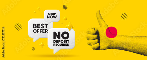Hand showing thumb up like sign. No deposit required tag. Promo offer sign. Advertising promotion symbol. No deposit required chat box 3d message. Grain dots hand. Like thumb up sign. Vector