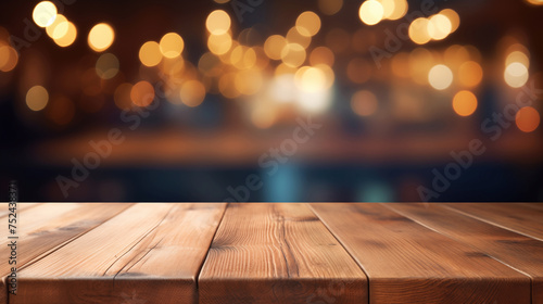 Wooden table on dark background with highlights. Surface made of boards on evening street. Wooden table in cafe