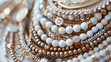 A close-up image of a pile of gold and white jewelry. The jewelry is mostly made of pearls and beads, with some metal accents.