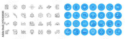 Balance, Equality and Lightning bolt line icons pack. Tips, Sms, Growth chart web icon. Teacher, Target goal, Quick tips pictogram. Chemistry molecule, Solar panels, Report. Trophy. Vector
