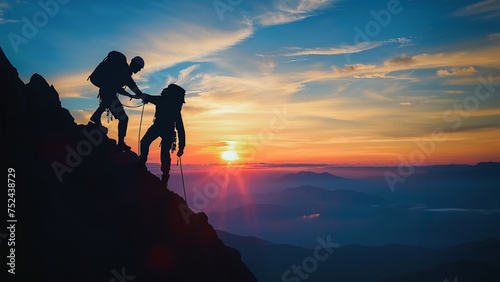 Silhouette of two climbers helping each other to successfully reaching the summit of a mountain with sunset background. Teamwork, challenge and assistance concept