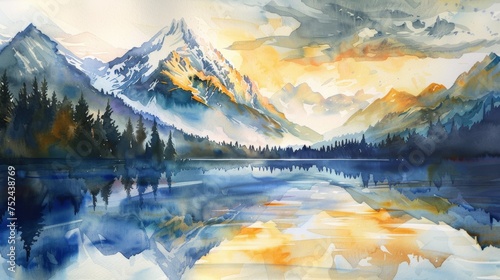 Artistic watercolor landscape featuring a sun-kissed alpine mountain range reflected in the calm waters of a forest-lined lake at sunrise