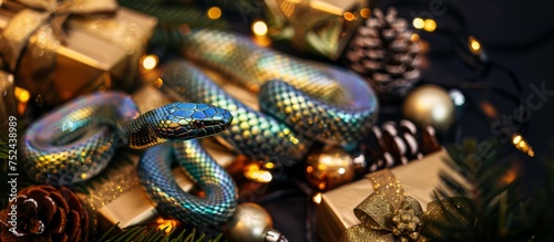 Holographic snake on a dark background with scattered festive decorations and glowing lights, suggesting a mysterious holiday theme.